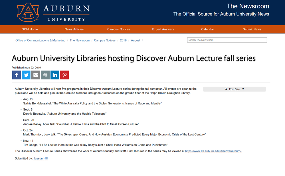 Auburn University Libraries hosting Discover Auburn Lecture fall series 