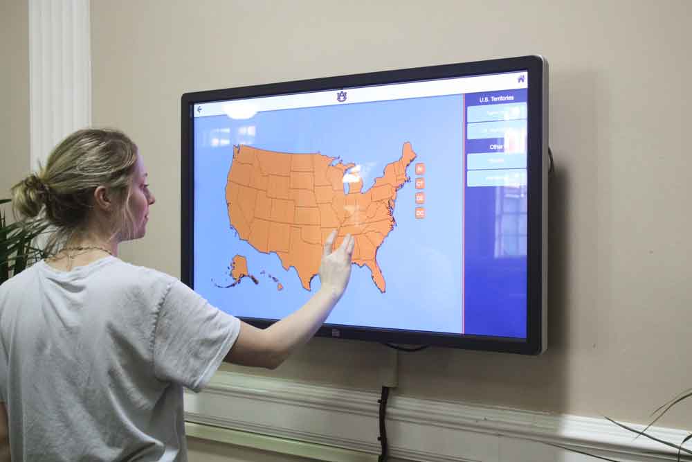 A student looking through the interactive screen