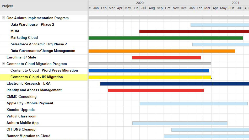 A gantt chart showing that the PMO worked on these projects during 2020: Salesforce, cloud migration, electronic research, identity and access management solution, cmmc counsulting, apple pay integration, Auburn Mobile App, and DNS cleanup.