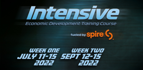 Image of text ‘Intensive Economic Development Training Course fueled by Spire. Week 1 July 11-15, 2022. Week 2 September 12-15,2022. The Hotel at Auburn University & Dixon Conference Center.