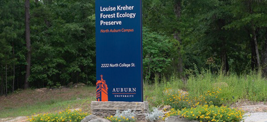 Kreher Preserve and Nature Center sign by roadside.
