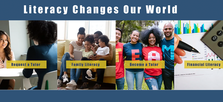Literacy Changes Our World. Group of people facing the camera. Reqeust a Tutor. Become a Tutor. Financial Literacy. Family Literacy