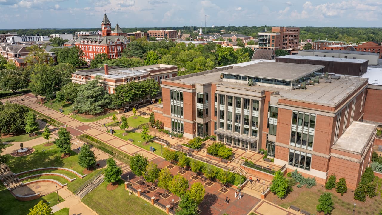 ariel view of Ralph Brown Draughon Library and Mell Classroom Building