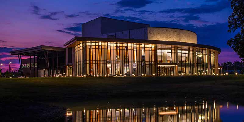 Outside the Jay and Susie Gogue Performing Arts Center
