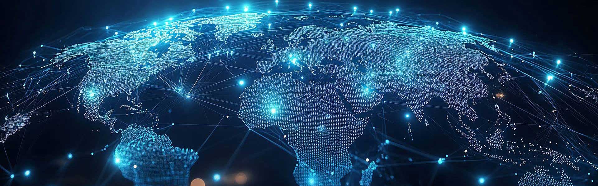 World map connected by illuminated lines and nodes, representing international collaboration and global connections