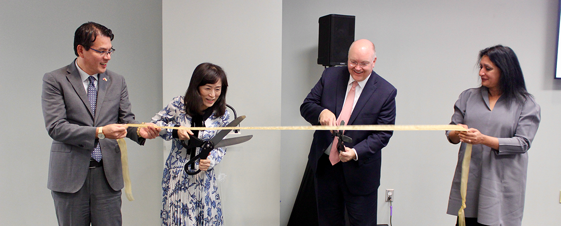 Director-General Elliot Wang; President Huey-Jen Jenny Su; President Roberts & Interim Provost Vini Nathan opening Taiwan Center