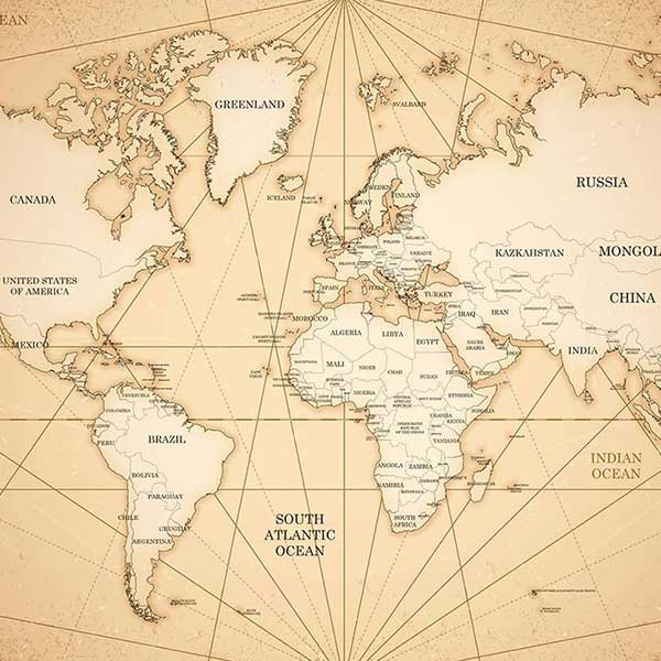 Vintage-style world map showing continents, countries, and major oceans.