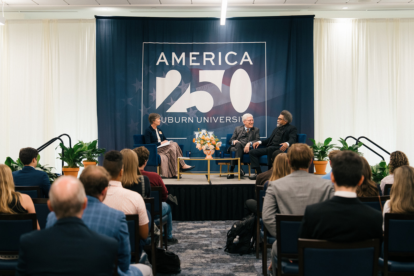Robert P. George and Cornel West in conversation during Auburn University's Democracy in Dialogue Signature Speaker Series