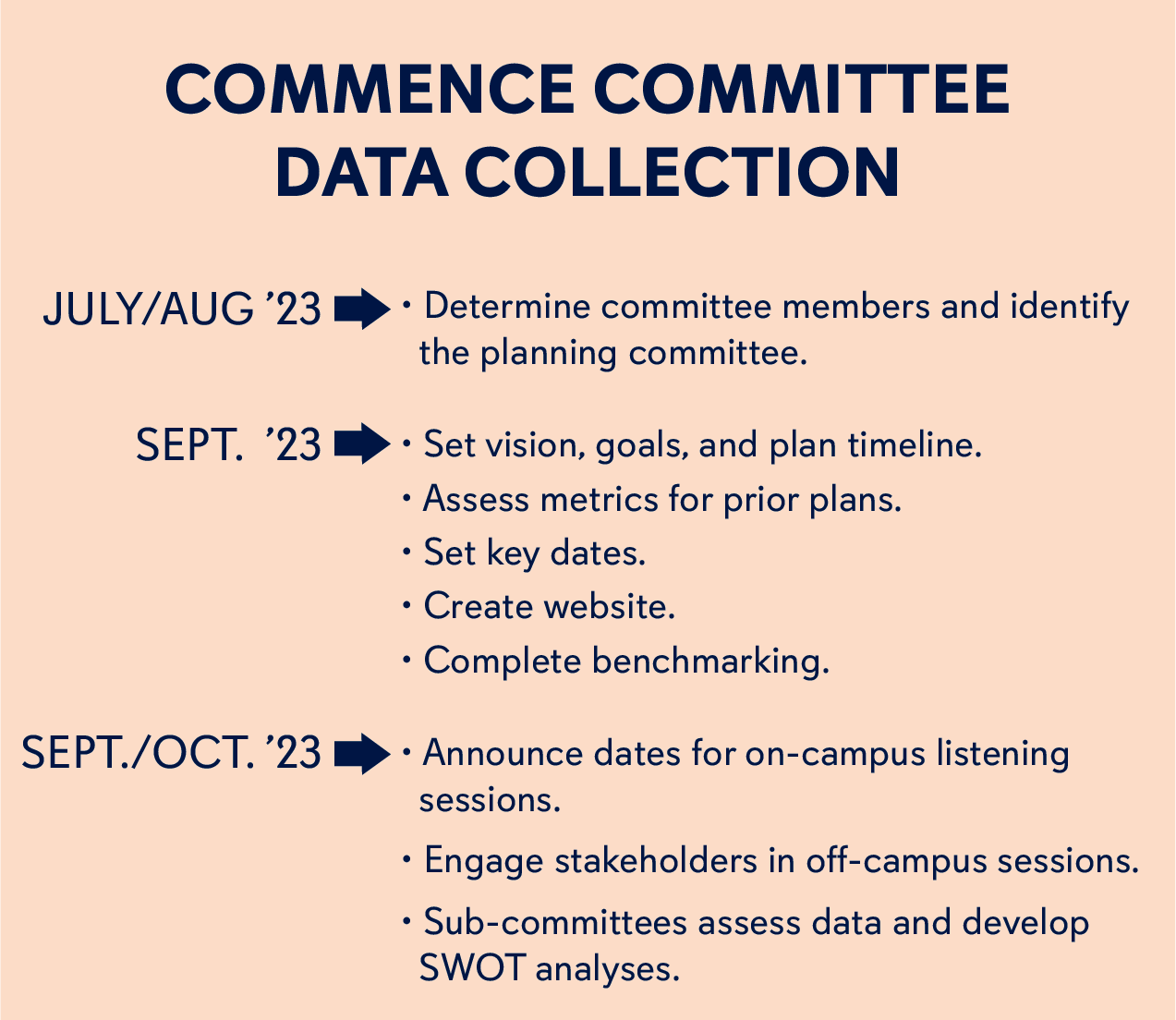 1. Determine committee members and the planning committee, 2. Set vision goals and plan timeline, assess metrics for prior plans, Set key dates, Create website, complete benchmarking 3. Announce listening sessions, offcampus sessions, SWOT analyses