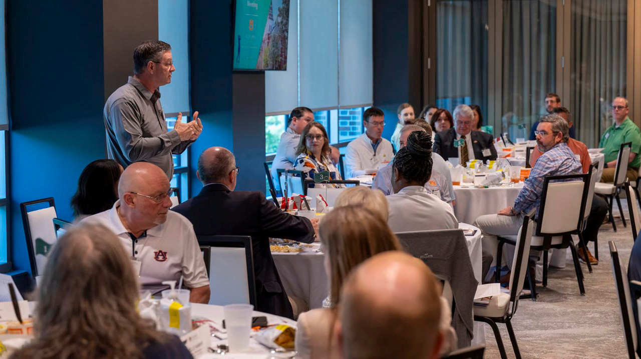 presenter speaking to a room of people at tables