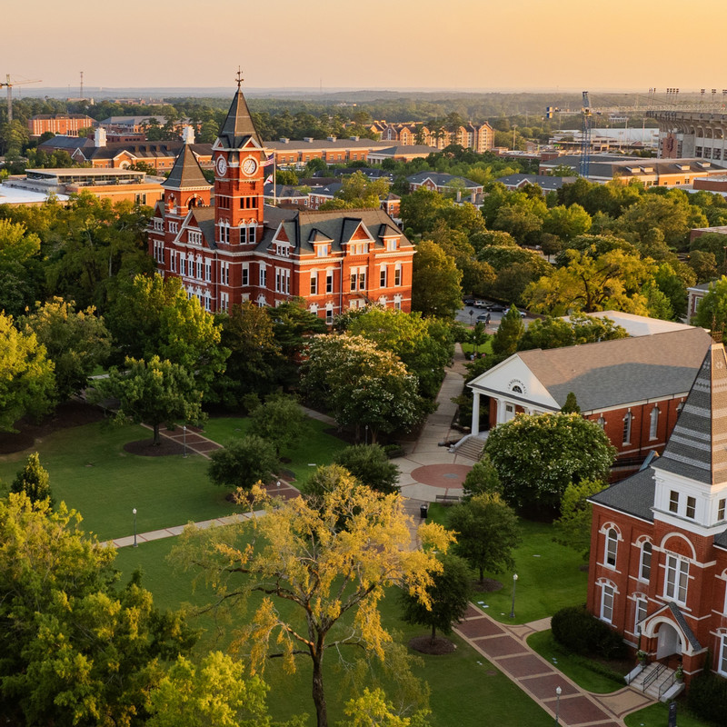 aerial view of green space and Samford Hall, a brick building on Auburn's campus