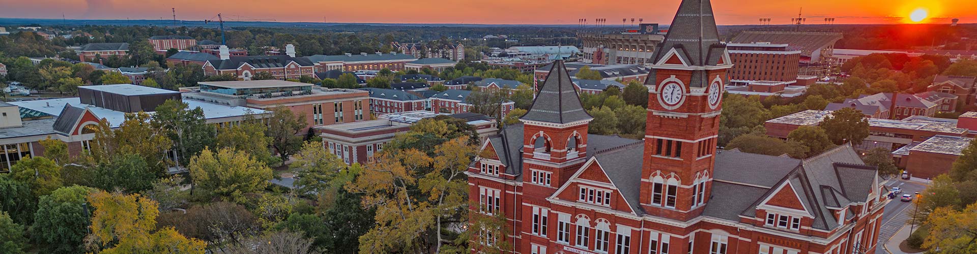 Samford Hall during a sunset