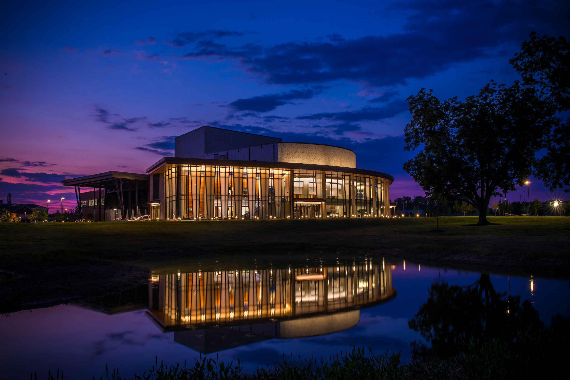 Evening photo of the Gogue Center exterior
