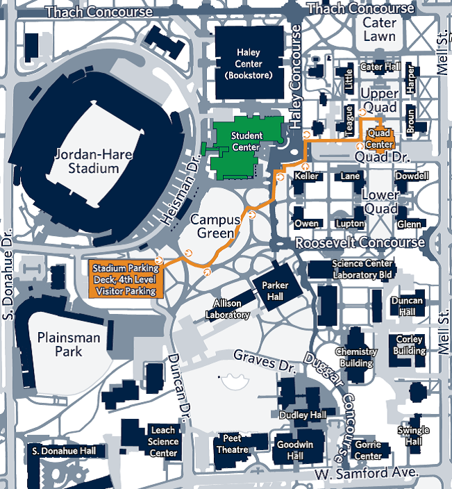 map givng directions from the 4th floor Stadium Parking Deck to the Quad Center. Follow the campus tour signs.