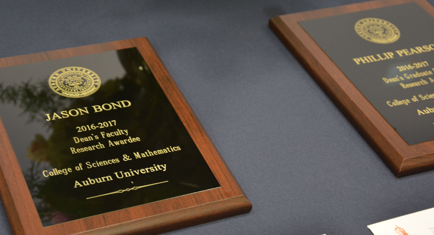 Plaques of the Research Award winners on a table