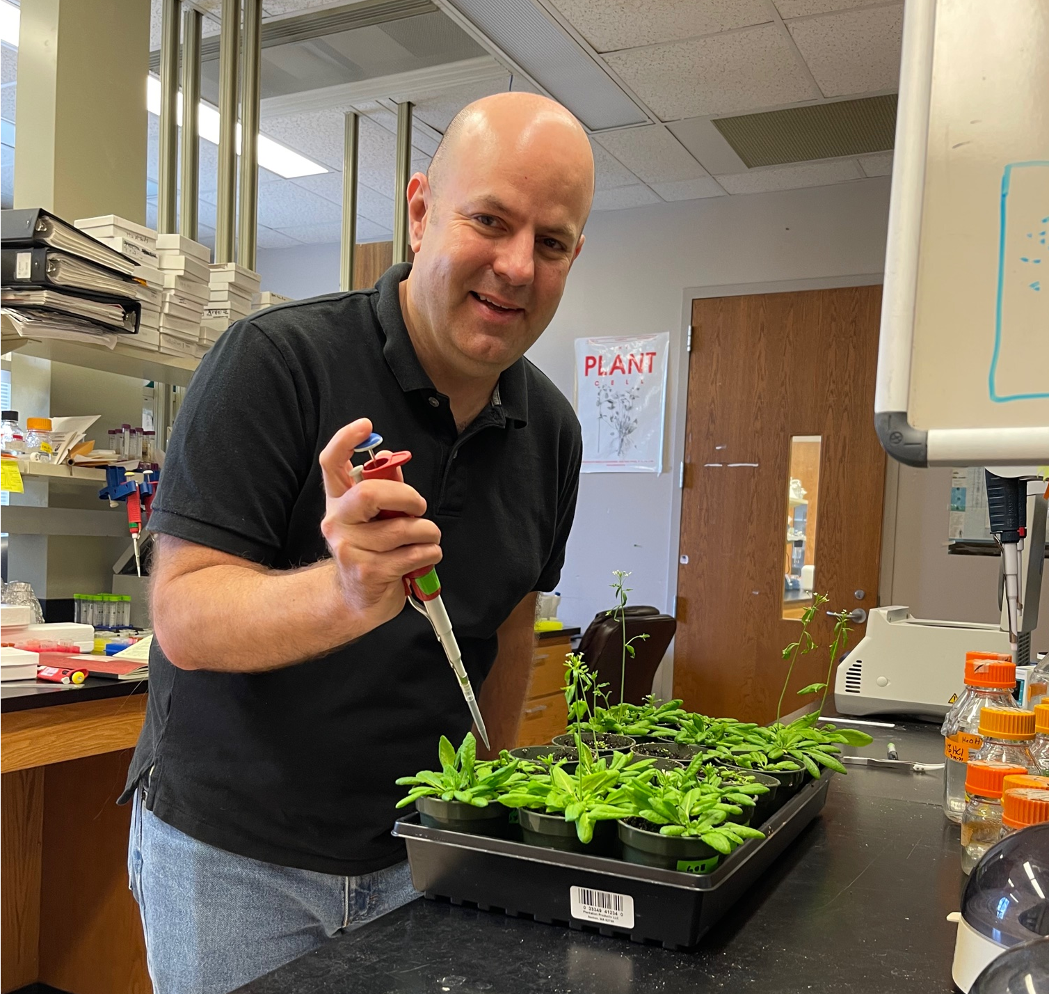 Aaron applying stressors to the Arabidopsis plant in his lab in the Rouse Life Science Building.