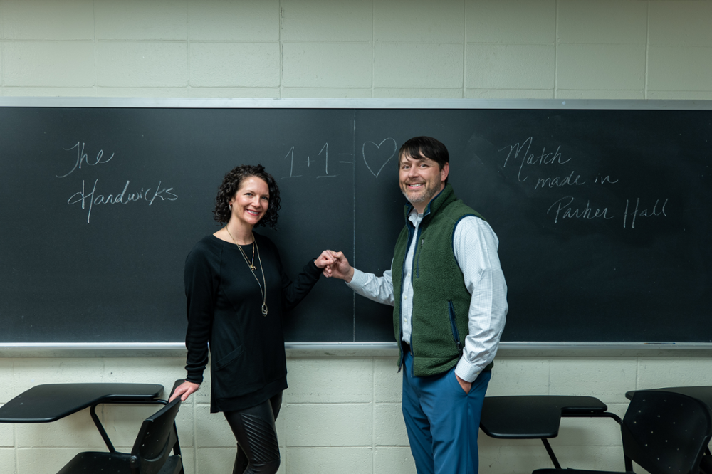 Andrea and Russ Hardwick in a classroom in Parker Hall