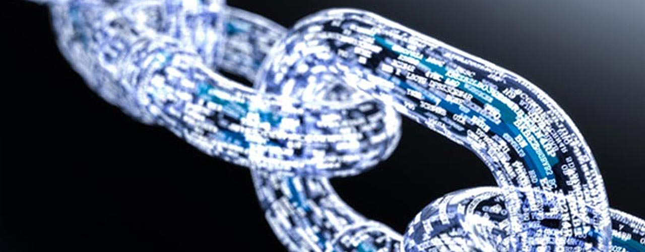 A graphic image of a chain made of computer code.