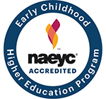 Blue circle with words, Early Childhood Higher Education Program; Inside the circle, an orange and red flame, naeyc Accredited