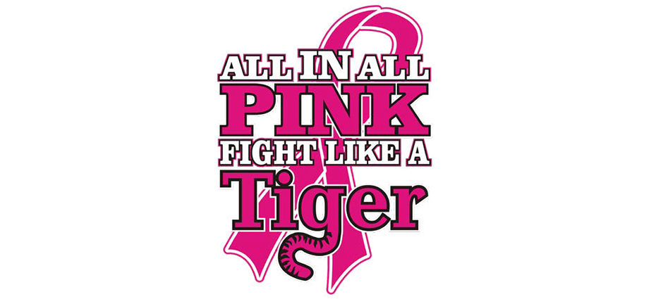All In All Pink Fight Like a Tiger pink and white text with pink breast cancer ribbon in background