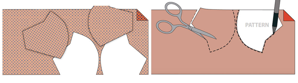 Pieces of dotted fabric being cut out in a pattern.