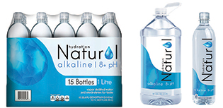 Mockup images of bottles of water with Natural Alkaline label on them