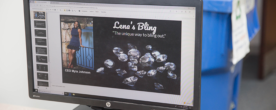 Close up view of a computer monitor with Lena's Bling company website shown on screen.