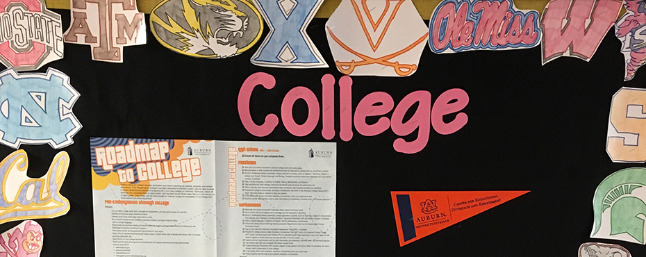 Bulletin board with College logos displayed along the edges and Auburn University materials in the middle.