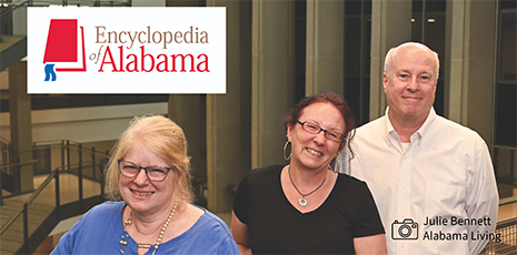 Encyclopedia of Alabama employees from left, Laura Hill, Claire Wilson and Chris Maloney near their office in the Ralph Brown Draughon Library at Auburn University. Photo by Julie Bennett