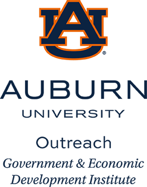 Interlocking letters A and U in blue with orange outline, Auburn University Outreach Government and Economic Development Institute