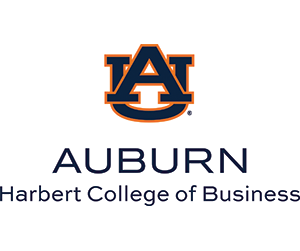 Interlocking letters A and U in blue with orange outline, Auburn University Harbert College of Business