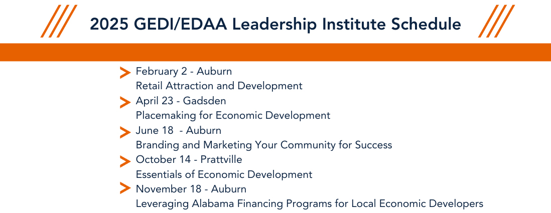 Image of text '2025 GEDI/EDAA Leadership Institute Schedule' with a list of course names and information