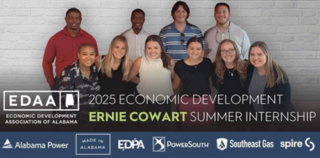 Image of 10 college aged people and text '2025 Economic Development Ernie Cowart Summer Internship' with logos for EDAA, Alabama Power, Made in Alabama, EDPA, PowerSouth, Southeast Gas and Spire.