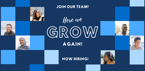 Image of different people and text 'Here we grow again! Now hiring!''