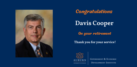 Image of Davis Cooper and GEDI logo and text 'Congratulations Davis Cooper on your retirement. Thank you for your service.'