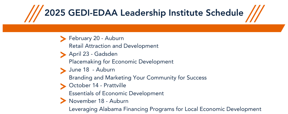 Image of text '2025 GEDI-EDAA Leadership Institute Schedule' with a list of course names and information