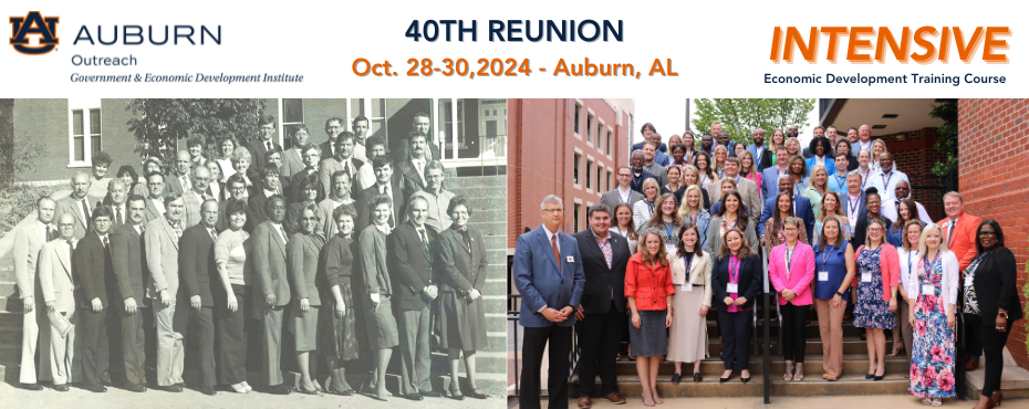 40th Reunion – October 28-30, 2024 – Auburn, AL. Intensive Economic Development Training Course and group photos of 1985 and 2023 class participants