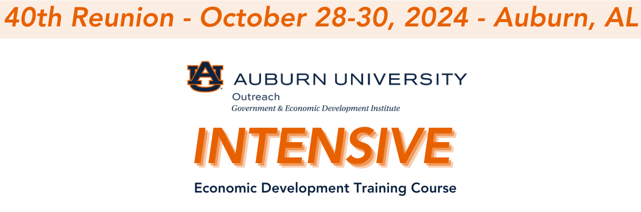 Interlocking AU letters, GEDI, Intensive Economic Development Training Course, 40th Reunion – October 28-30, 2024 – Auburn, AL'
