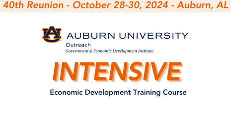 Interlocking AU letters, GEDI, Intensive Economic Development Training Course, 40th Reunion – October 28-30, 2024 – Auburn, AL'