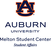 Interlocking letter AU in blue with orange trim. Auburn University Melton Student Center, Student Affairs