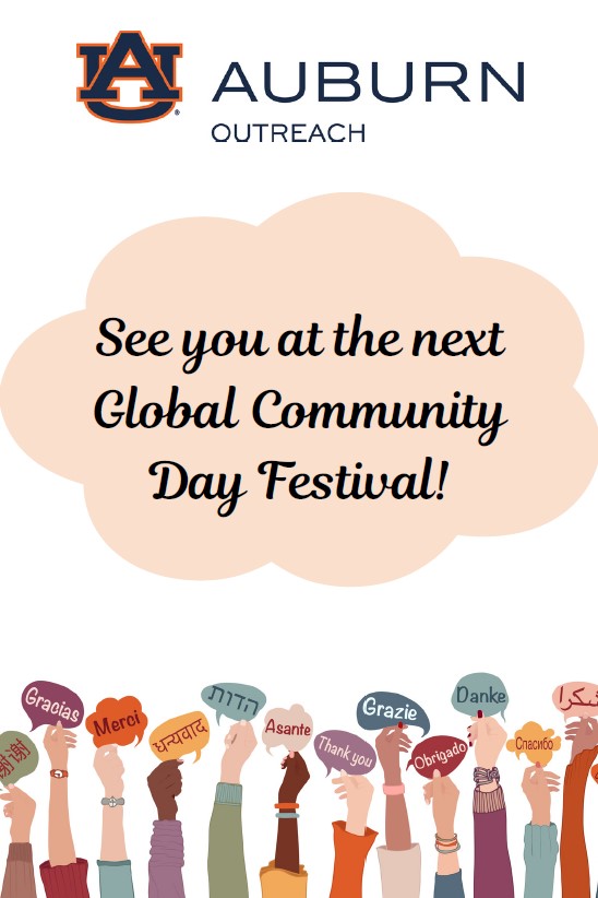 Auburn Outreach - See you at the next Global Community Day Festival graphic