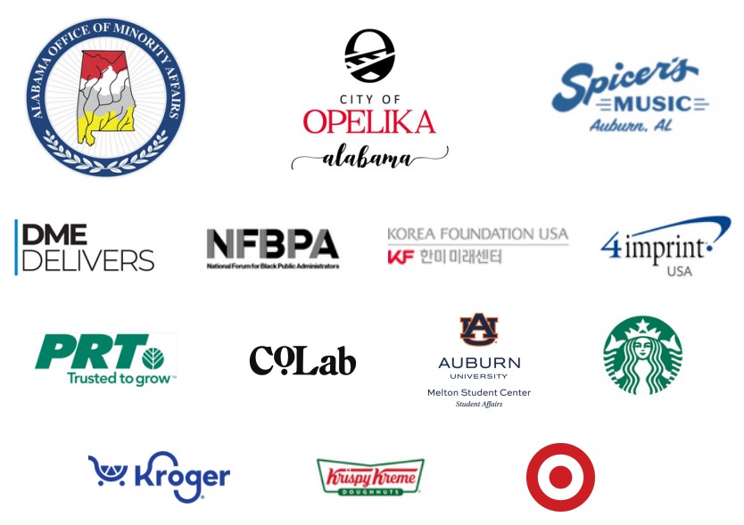 Sponsor logos: Alabama Office of Minority Affairs, City of Opelika, Spicer's Music, DME Delivers, NFBPA, Korea Foundation USA, 4imprint, PRT, CoLab, Auburn University Melton Student Center Student Affairs, Starbucks, Kroger, Krispy Kreme, Target