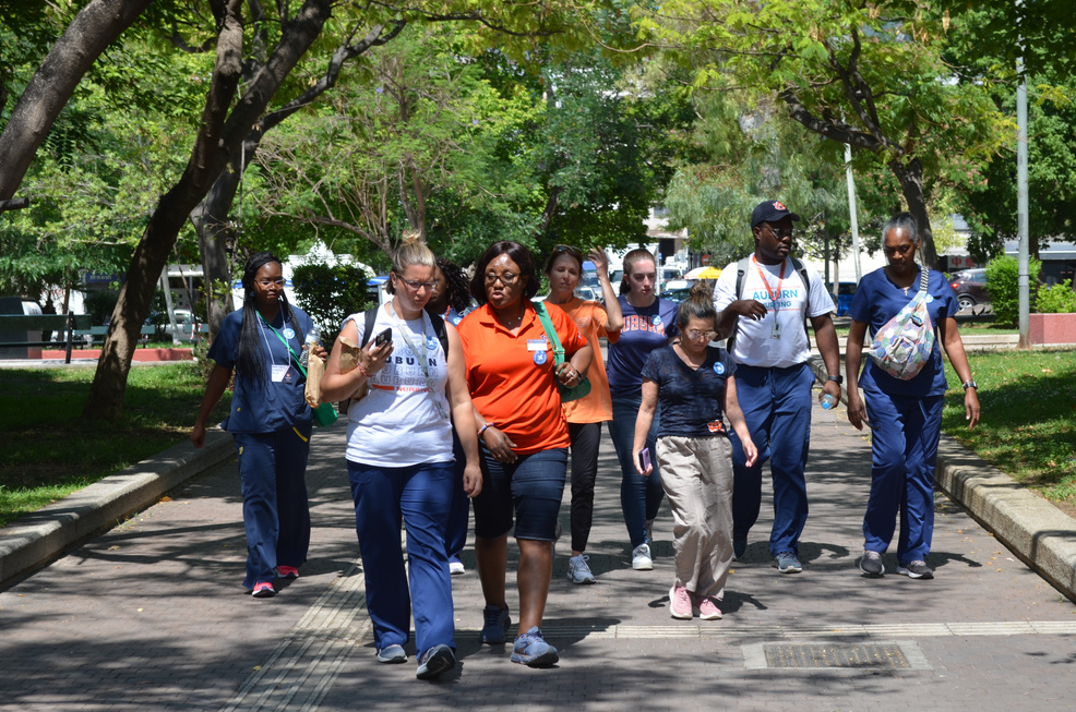 Group of students on a tree covered walkway.