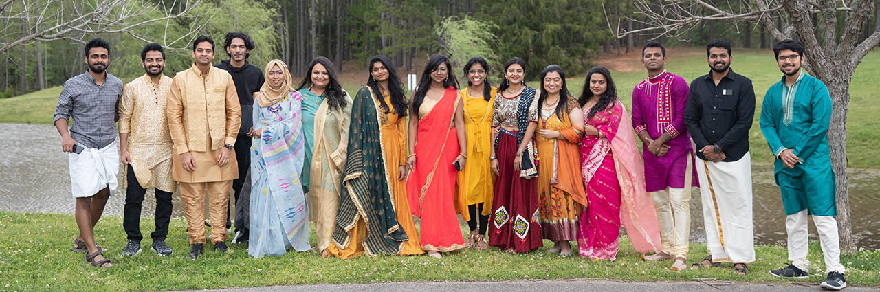 Group picture of AU Indian Students Association, the group participated in the Global Attire showcase performance