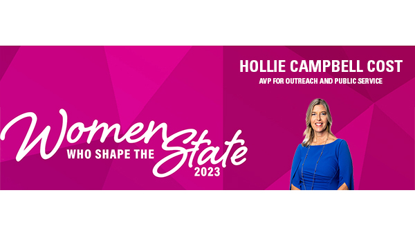 Pink background graphic with white text 'Women who shape the state 2023' with photo of AVP for Outreach and Public Service , Hollie Campbell Cost, in a blue dress. 