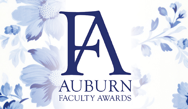 FA - Auburn Faculty Awards with white background and blue flowers