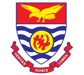 University of Cape Coast Logo - Blue and red shield with yellow eagle - banner with Veritas, nobis, lumen