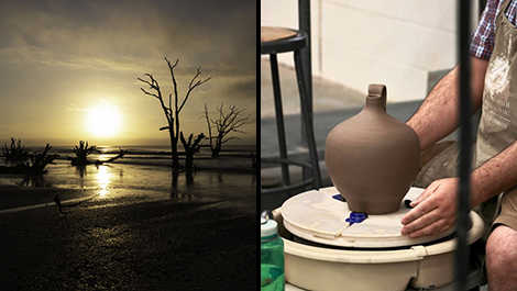 Trees in a beach sunset and Student molding a clay object