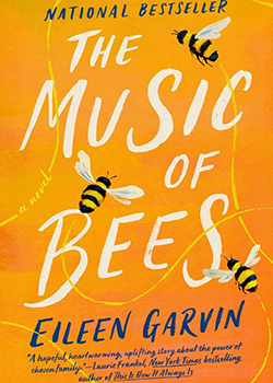 Yellow book cover with bees and text The Music of Bees Eileen Garvin