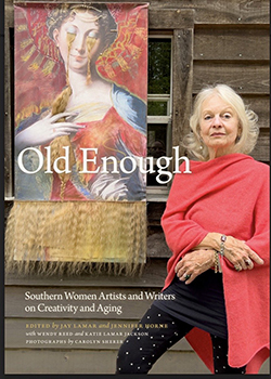 Book cover of a woman standing in a red shawl next to a painting of a woman and text Old Enough